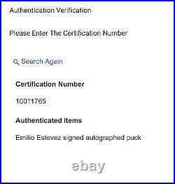 Emilio Estevez Anaheim Mighty Ducks Hand Signed Autographed Puck IPA COA