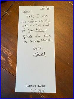 HAROLD RAMIS hand-written signed note on personal stationery mentions VACATION