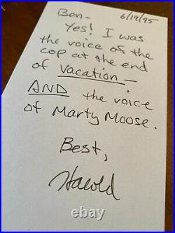 HAROLD RAMIS hand-written signed note on personal stationery mentions VACATION