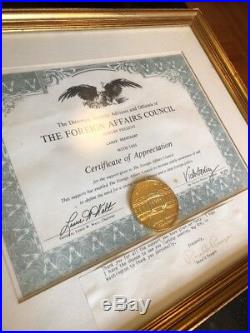RONALD REAGAN SIGNED PERSONAL Letter Metal Of Merit Foreign Affairs council Cert