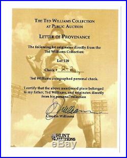 Ted Williams Signed Personal Check Large Amount Mint Condition Hunt/claudia Coa